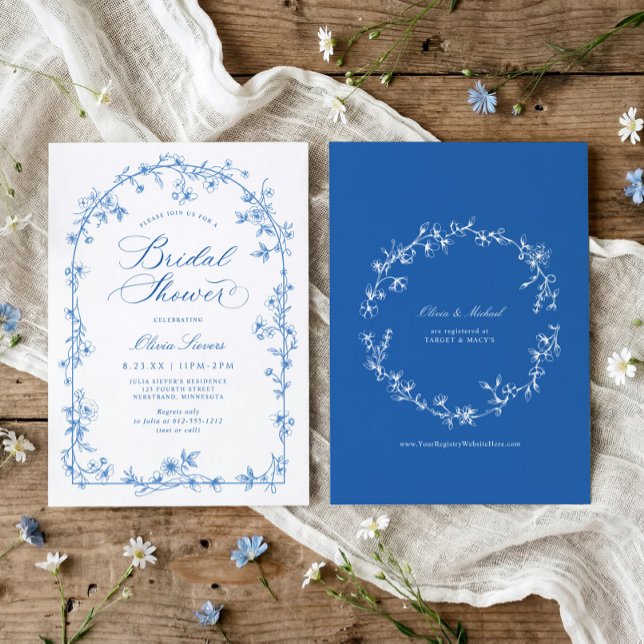 French Wildflower Toile Blue Bridal Shower Invitation (Blue and white wildflower bridal shower invitation with French vintage toile arch frame)