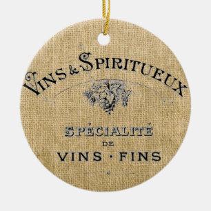 French Wine on Burlap Ceramic Tree Decoration