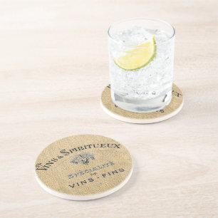 French Wine on Burlap Coaster