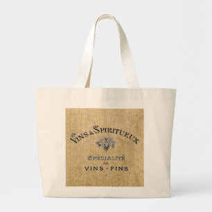 French Wine on Burlap Large Tote Bag