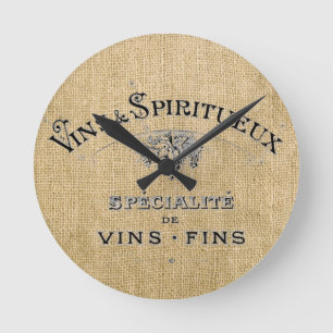 French Wine on Burlap Round Clock