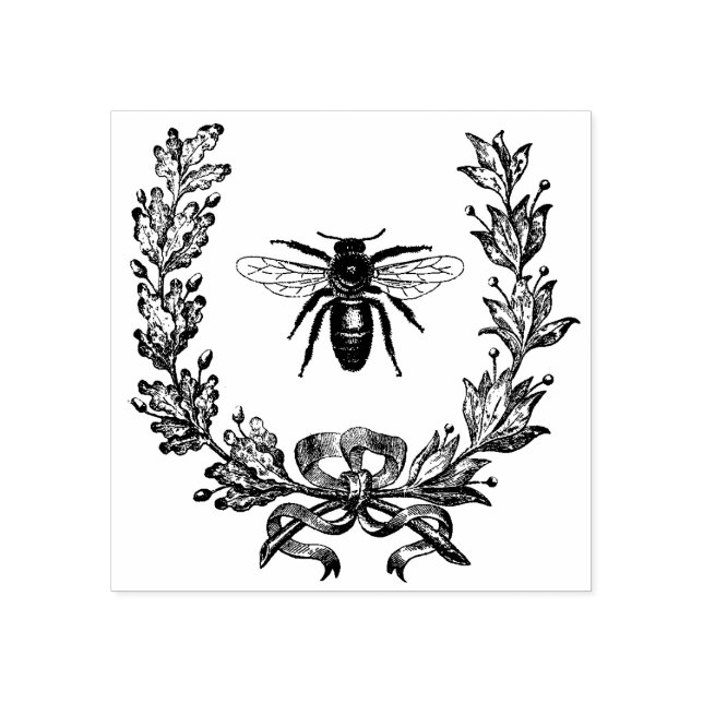 French Wreath and Bee Vintage Art Rubber Stamp (Imprint)