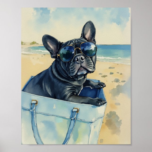 Frenchie at the Beach Watercolor Poster (Front)