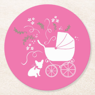 Frenchie Baby Shower French Bulldog Pink Round Paper Coaster