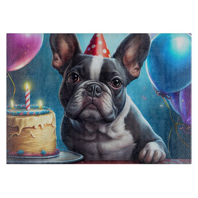 Frenchie Birthday Bash: A Cute French Bulldog Cutting Board (Front)