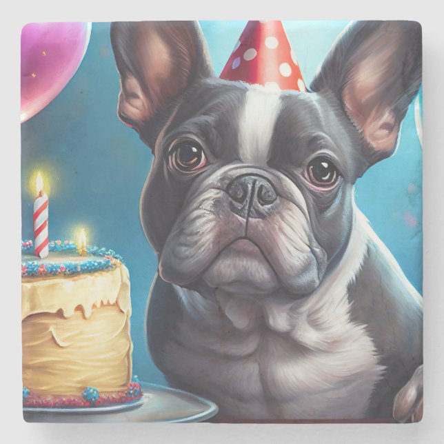 Frenchie Birthday Bash: A Cute French Bulldog Stone Coaster (Front)