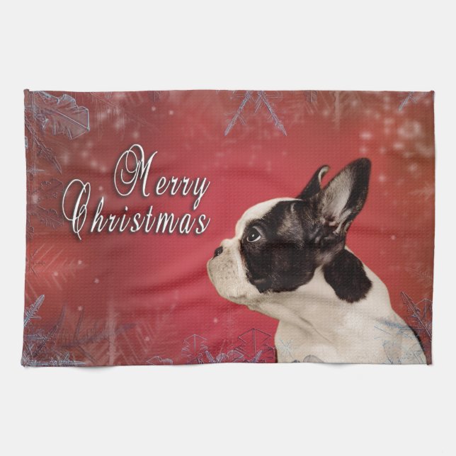 Frenchie Christmas card Tea Towel (Horizontal)
