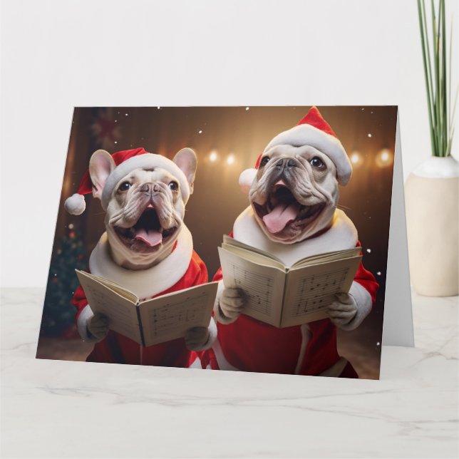 Frenchie Christmas Carolers Fun Holiday Card (Front)