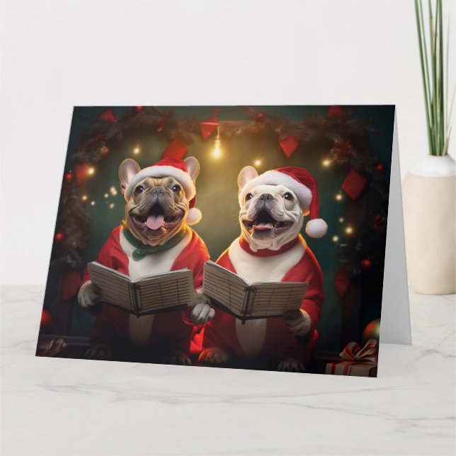 Frenchie Christmas Carolers Fun Holiday Card (Front)