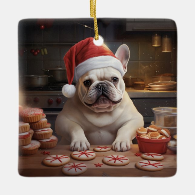 Frenchie Christmas Cookies Festive Holiday Ceramic Ornament (Front)