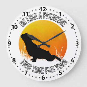 Frenchie do yoga against sunset-clock with numbers large clock