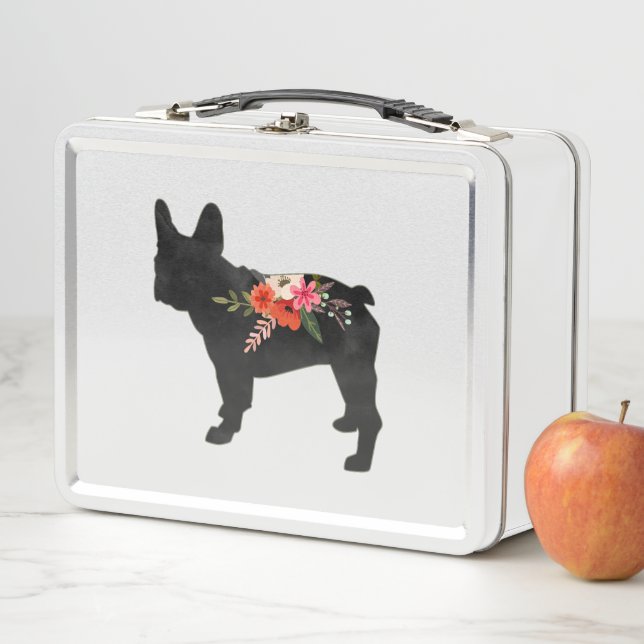 Frenchie Dog Breed Boho Floral Silhouette Metal Lunch Box (In Situ)