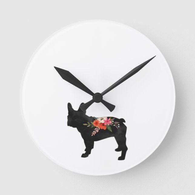 Frenchie Dog Breed Boho Floral Silhouette Round Clock (Front)