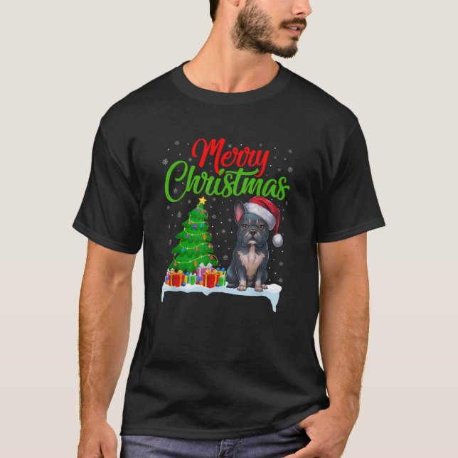 Frenchie Dog Christmas Tree Lights Xmas Frenchie D T-Shirt (Front)