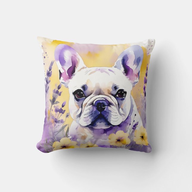 Frenchie Dog Portrait With Wildflowers Cushion (Front)