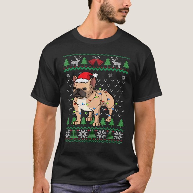 Frenchie Dog Santa Hat Lights French Bulldog Ugly  T-Shirt (Front)