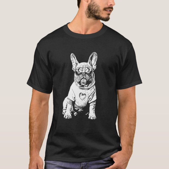 Frenchie Dog Sunglasses Cool Black White Dog Motif T-Shirt (Front)