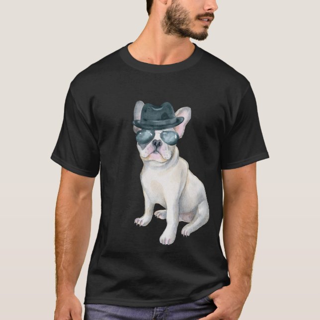 Frenchie French Bulldog Gangster Hat aviators T-Shirt (Front)