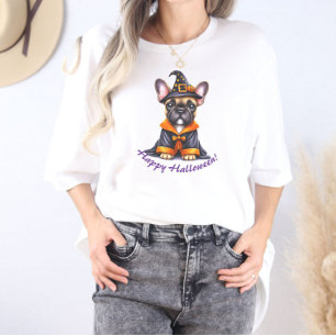Frenchie Halloween Purple Robe Witchy Hat Tri-Blend Shirt