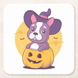 Frenchie Halloween Square Paper Coaster