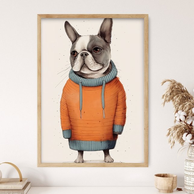 Frenchie in Orange Sweater, Funny Dog Decor, Grump Poster (Creator Uploaded)