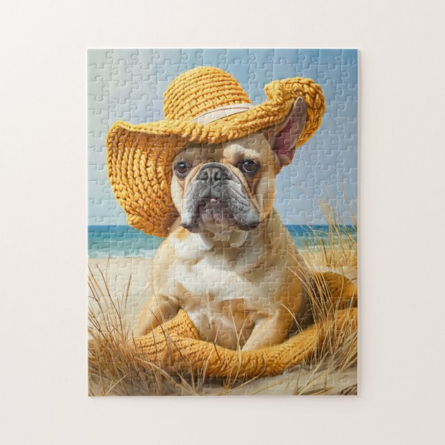 Frenchie In Summer Beach Hat Jigsaw Puzzle (Vertical)