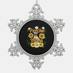 Frenchie Mama French Bulldog Dog Sunflower Snowflake Pewter Christmas Ornament