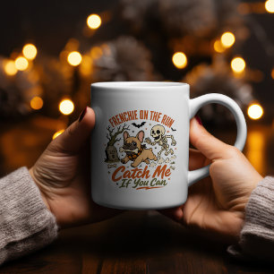 Frenchie on the Run Halloween Skeleton Chase Dog Two-Tone Coffee Mug
