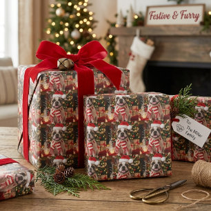 Frenchie Paw Print Dog Bone Christmas Pattern Wrapping Paper
