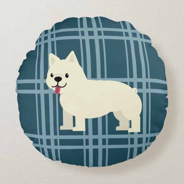 Frenchie Plaid Blue Round Cushion (Front)