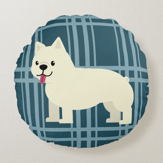 Frenchie Plaid Blue Round Cushion (Front)
