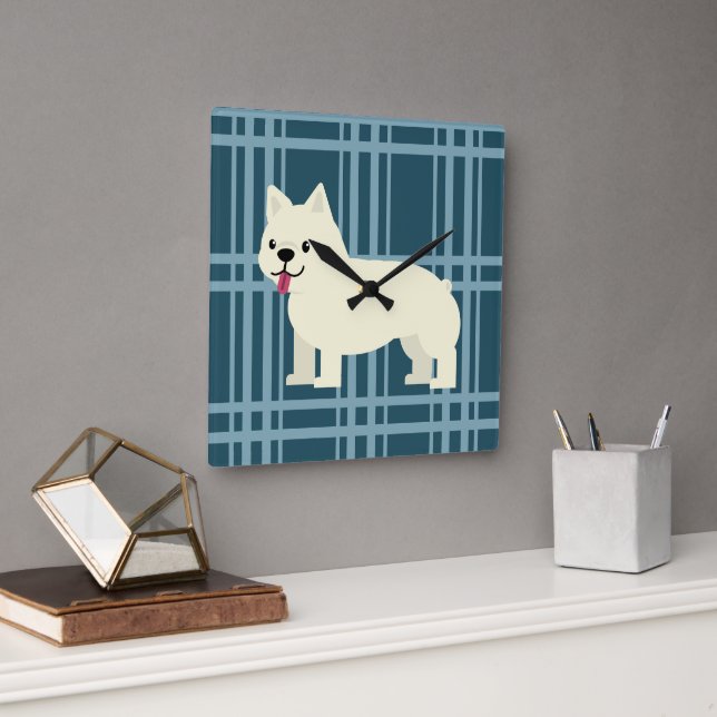 Frenchie Plaid Blue Square Wall Clock (Office)