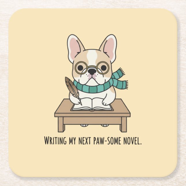 Frenchie Puppy Author Writing Pastel Yellow Doodle Square Paper Coaster (Front)