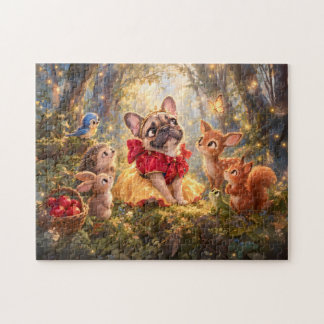 Frenchie Snow White Forest Companions Scene Jigsaw Puzzle