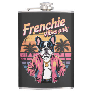 Frenchie Vibes Only Retro Sunset French Bulldog Hip Flask