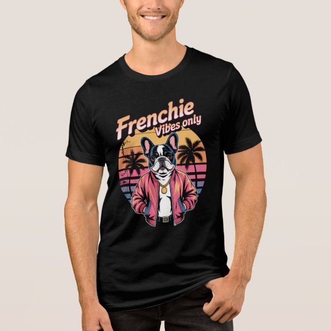Frenchie Vibes Only Retro Sunset French Bulldog Tri-Blend Shirt (Front)