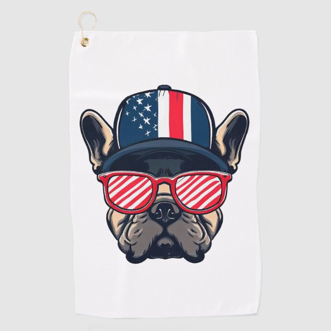 Frenchie Wearing USA Colours Golf Towel (Front)