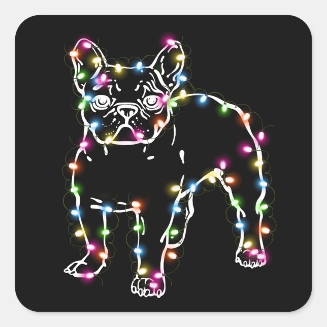 Frenchie With Christmas Lights Merry Christmas Square Sticker (Front)
