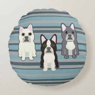 Frenchies Blue Striped Round Cushion