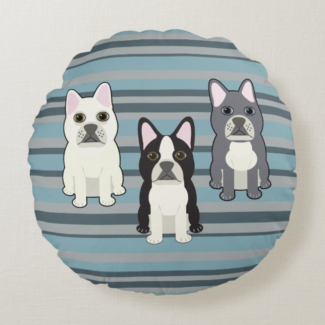 Frenchies Blue Striped Round Cushion (Front)