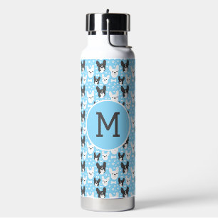 Frenchies French Bulldogs Blue Pattern Monogram  Water Bottle