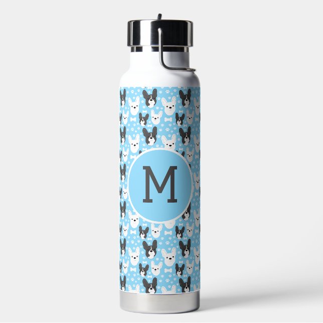 Frenchies French Bulldogs Blue Pattern Monogram  Water Bottle (Left)