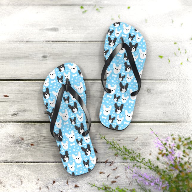 Frenchies French Bulldogs Cute Funny Pattern Blue  Flip Flops (Frenchies French Bulldog Flip Flops in blue)