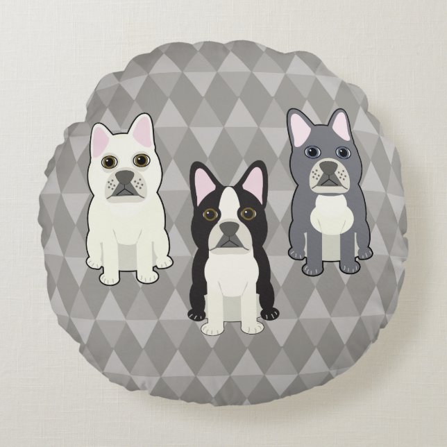 Frenchies Gray Diamonds Round Cushion (Front)