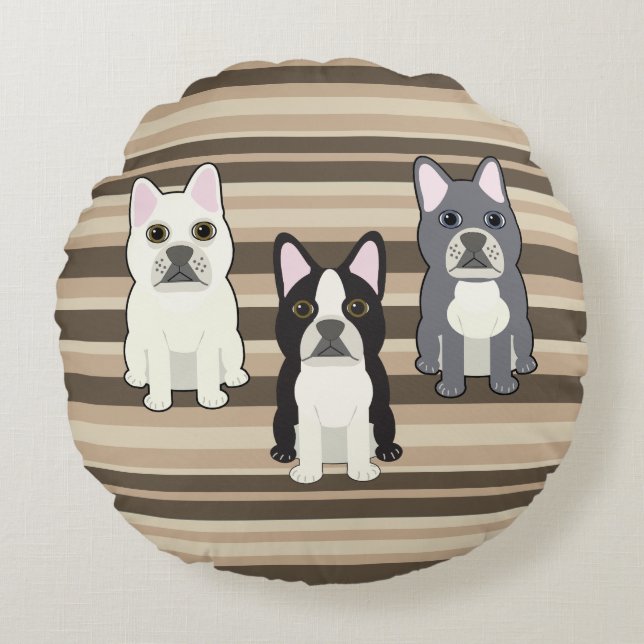 Frenchies Neutral Striped Round Cushion (Front)