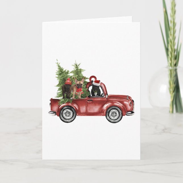 Frenchies On Car Christmas Ornament Dog Christmas Card (Front)