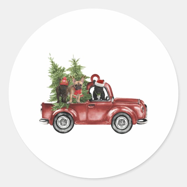 Frenchies On Car Christmas Ornament Dog Christmas Classic Round Sticker (Front)