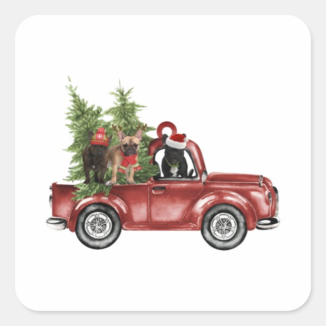 Frenchies On Car Christmas Ornament Dog Christmas Square Sticker (Front)