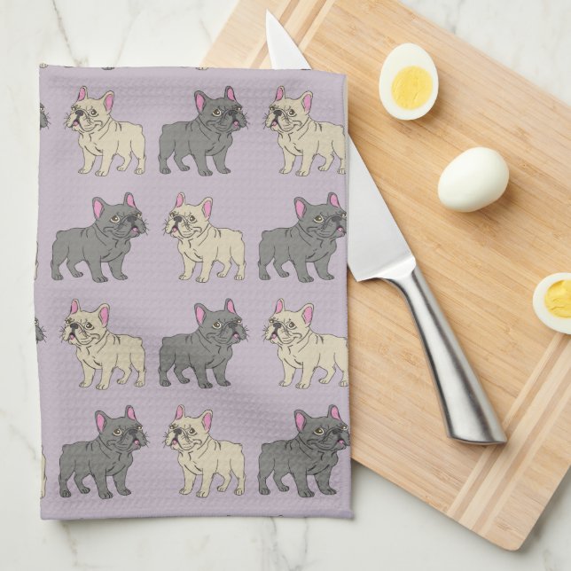 Frenchies, Purple Tea Towel (Quarter Fold)
