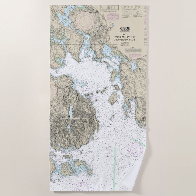 Frenchman Bay and Mount Desert Island Chart Beach Towel (Front)